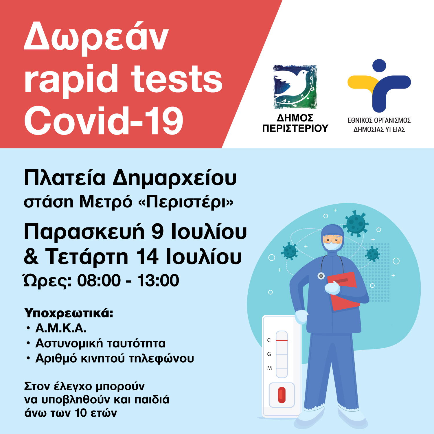 Περιστέρι, rapid test, covid 19 